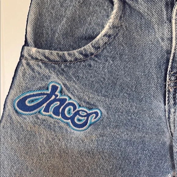 JNCO Blue and White Wide-Leg Cropped Jeans